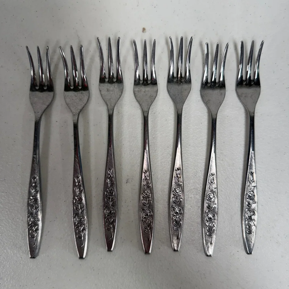 Eldan 6 Olive Cocktail Forks Set of 7 Rose Floral Embossed Japan Stainless Steel